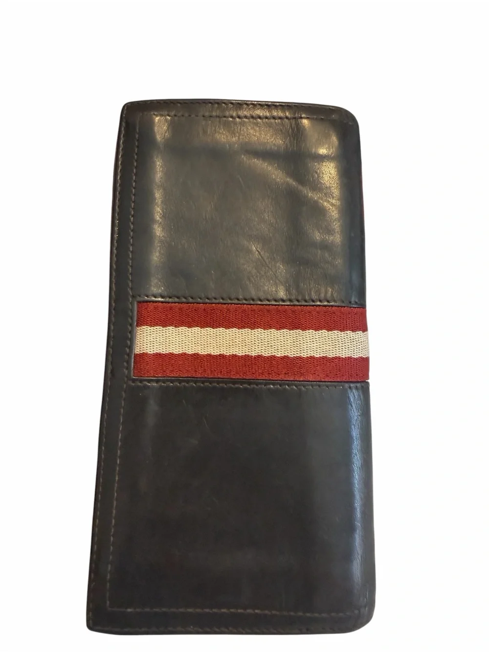 Bally Dark Brown Leather Wallet with Red & Cream Stripe